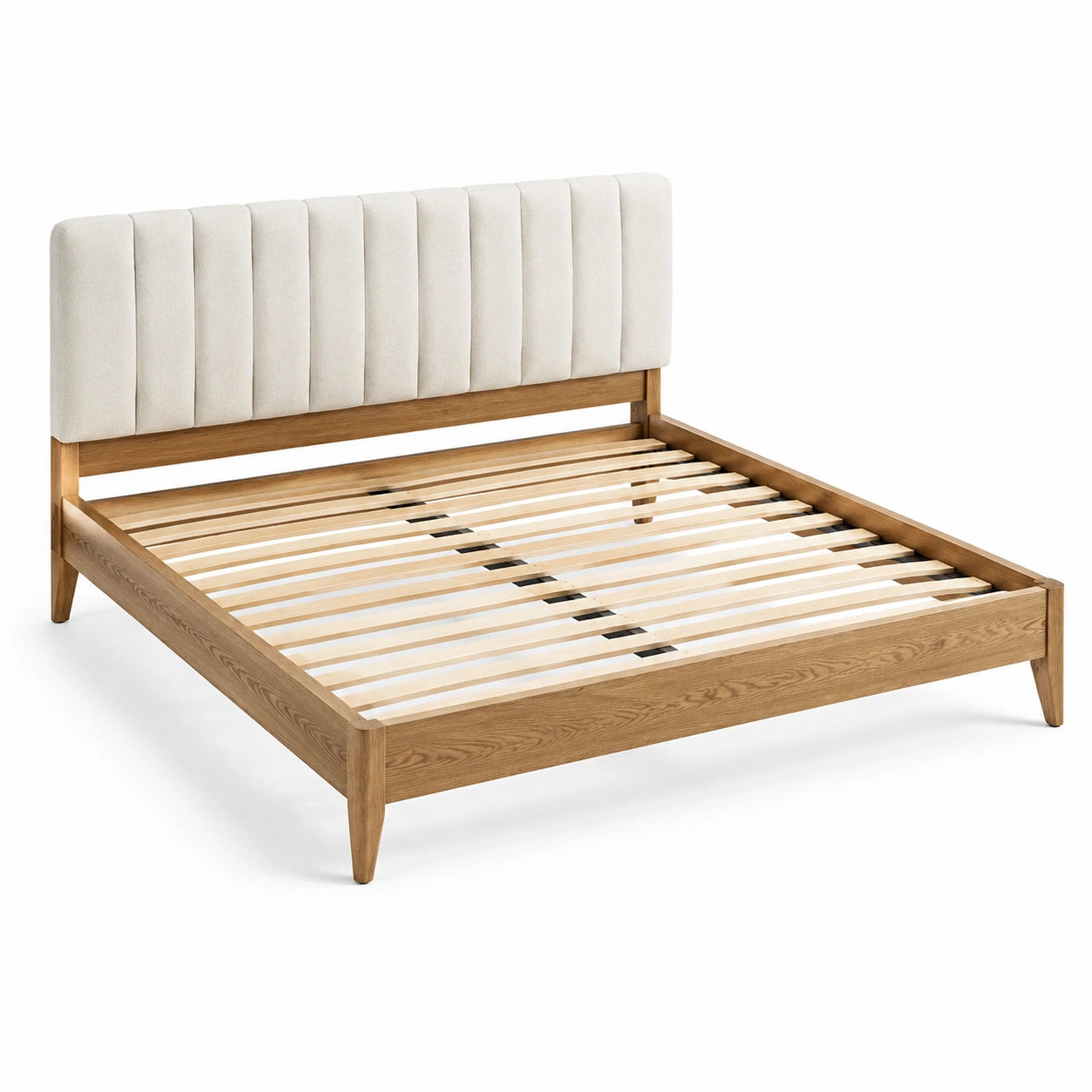 Lit double en chêne avec tête de lit en tissu