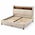Lit double en bois et tissu beige avec étagère intégrée 140x200cm