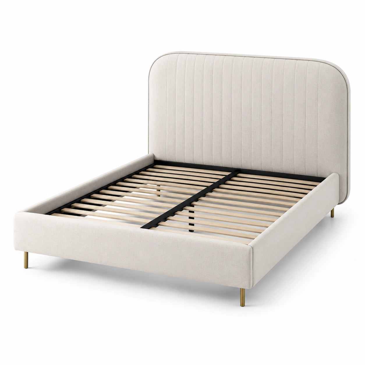 Lit double en bois et tissu beige avec pieds en métal
