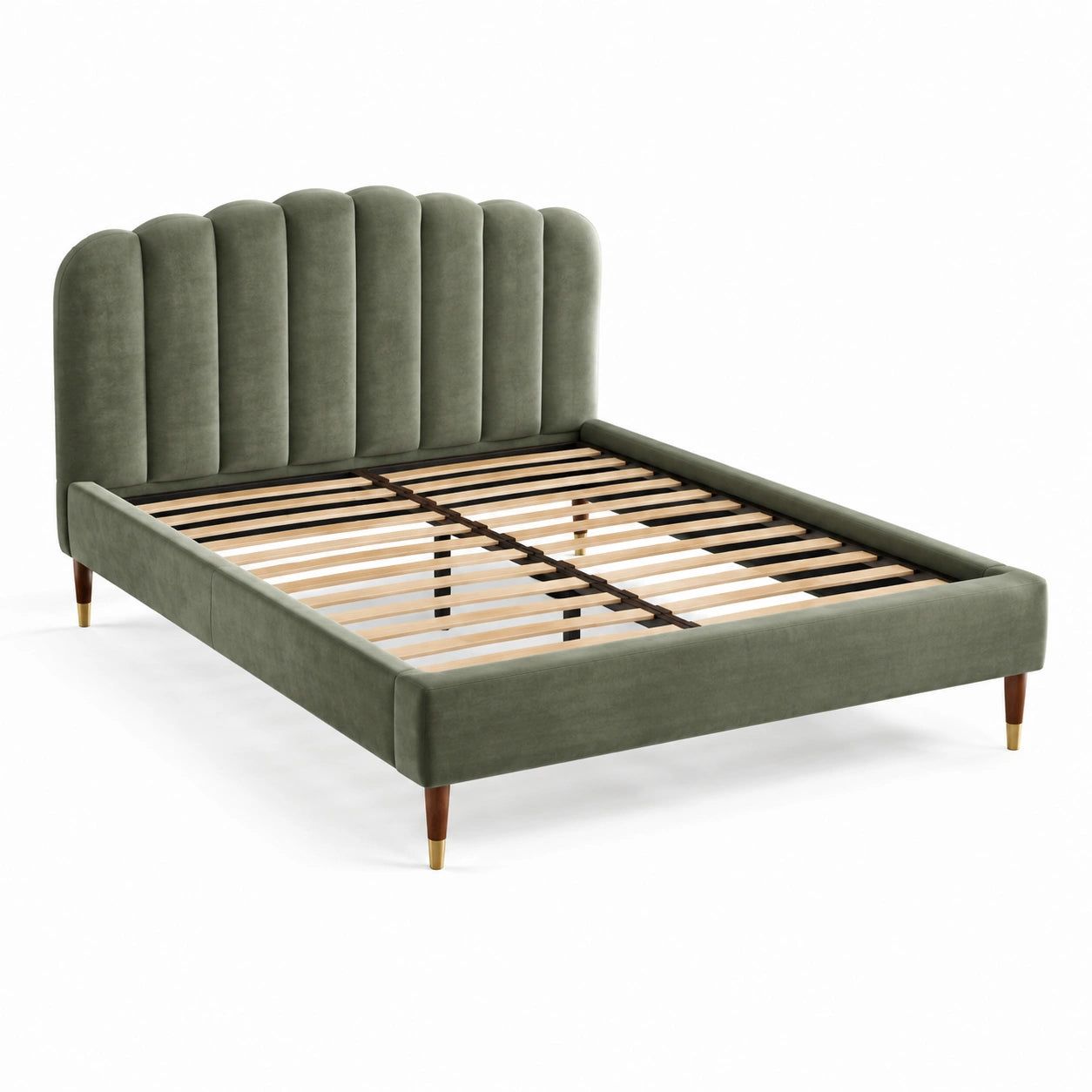 Lit en bois et velours vert olive 160x200 cm