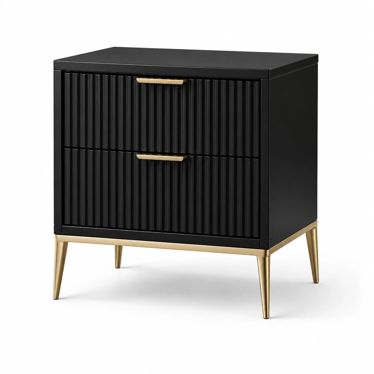 Table de chevet en bois et métal avec deux tiroirs noir et doré