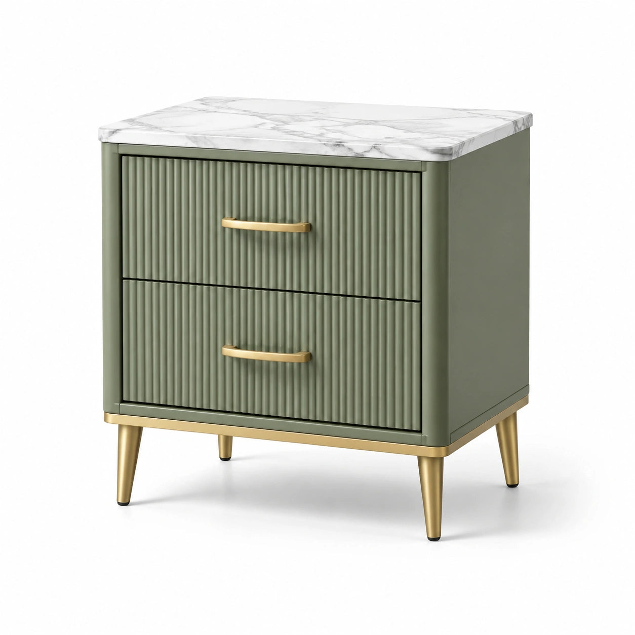 Table de chevet en bois avec plateau en marbre, 2 tiroirs, vert et doré
