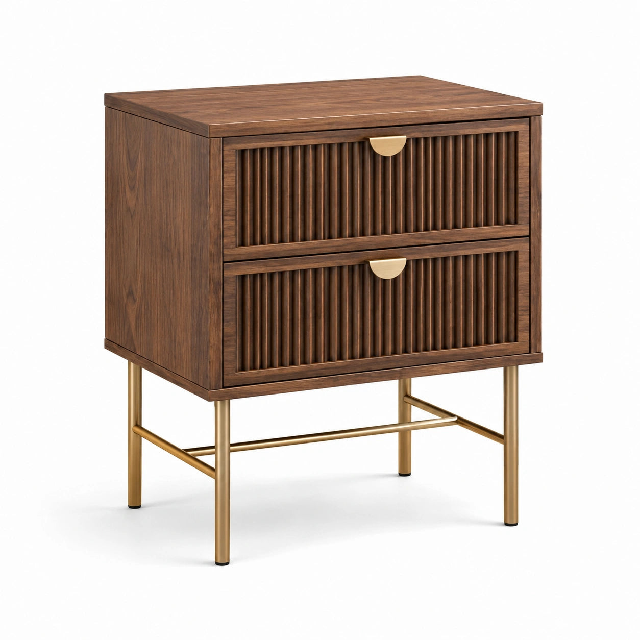 Table de chevet en bois et métal doré avec tiroirs nervurés