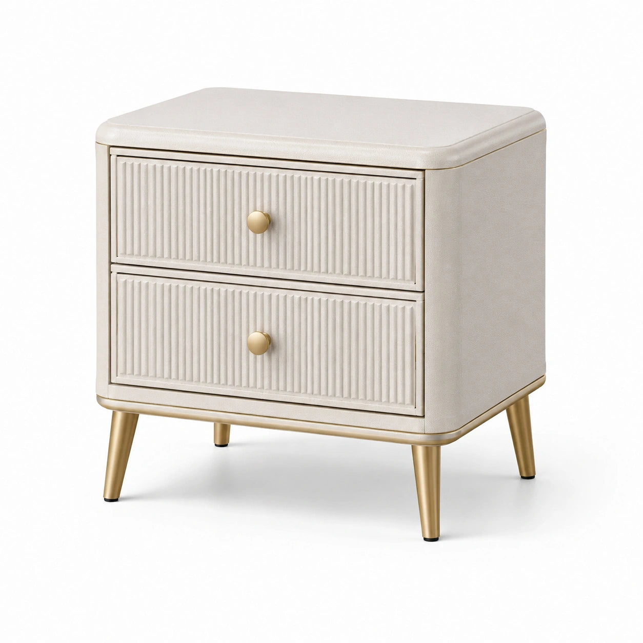 Table de chevet en cuir synthétique beige avec pieds en métal doré