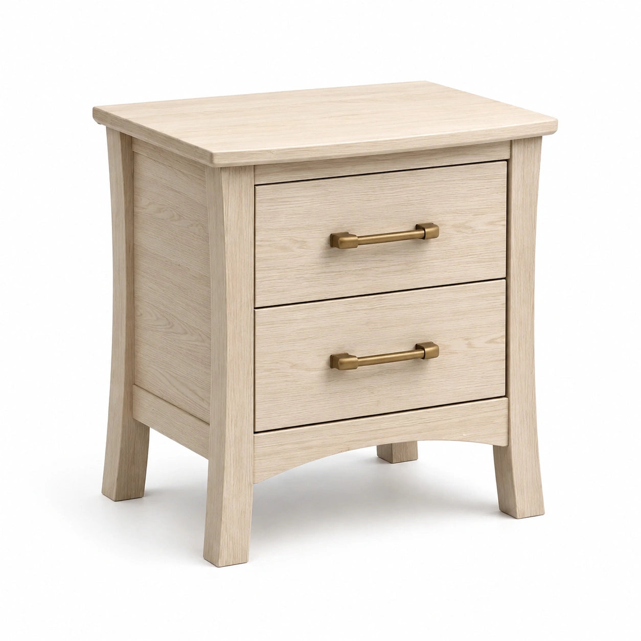 Table de chevet en bois de chêne clair avec poignées en laiton, 2 tiroirs