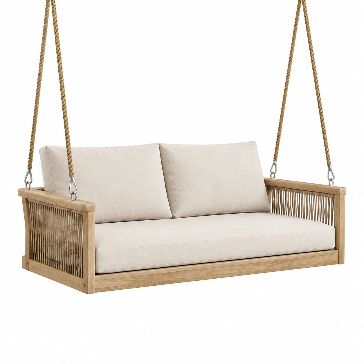 Balancelle en bois de teck avec coussins en polyester beige