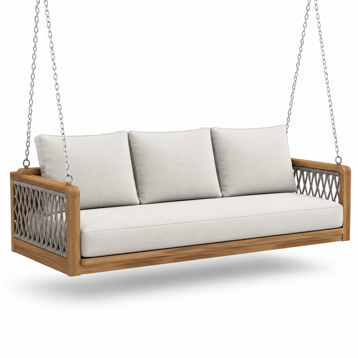 Balancelle en bois avec coussins en tissu beige
