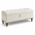 Banc de rangement en cuir synthétique crème avec pieds en bois