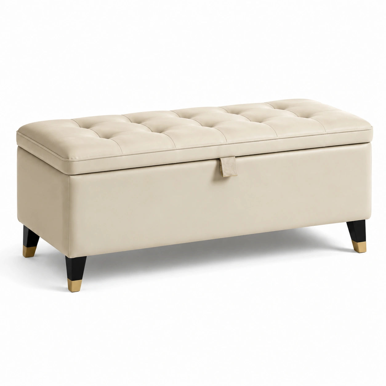 Banc de rangement en cuir synthétique beige avec pieds en bois noir