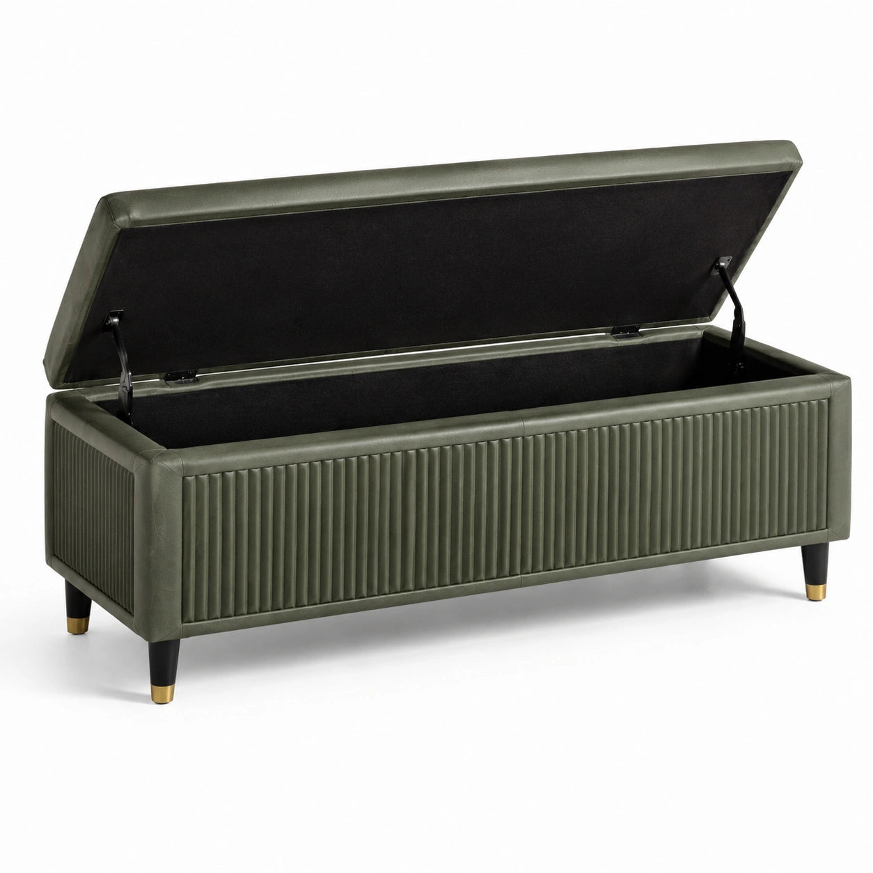 Banc de rangement en cuir PU vert avec pieds en bois