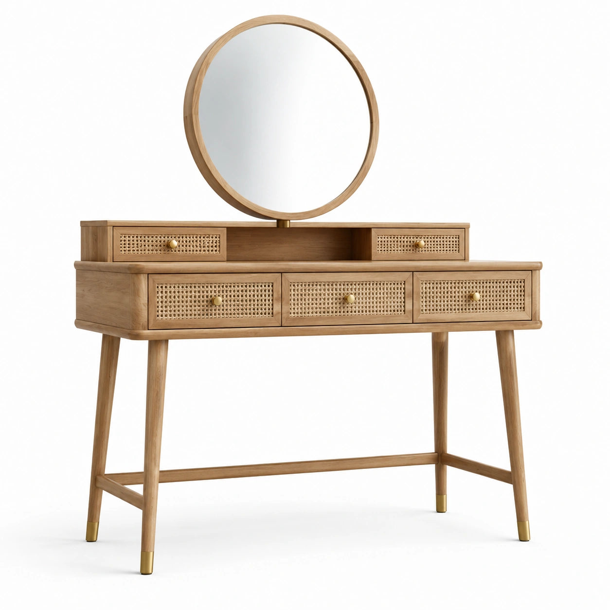 Coiffeuse en bois de chêne avec miroir rond et 5 tiroirs