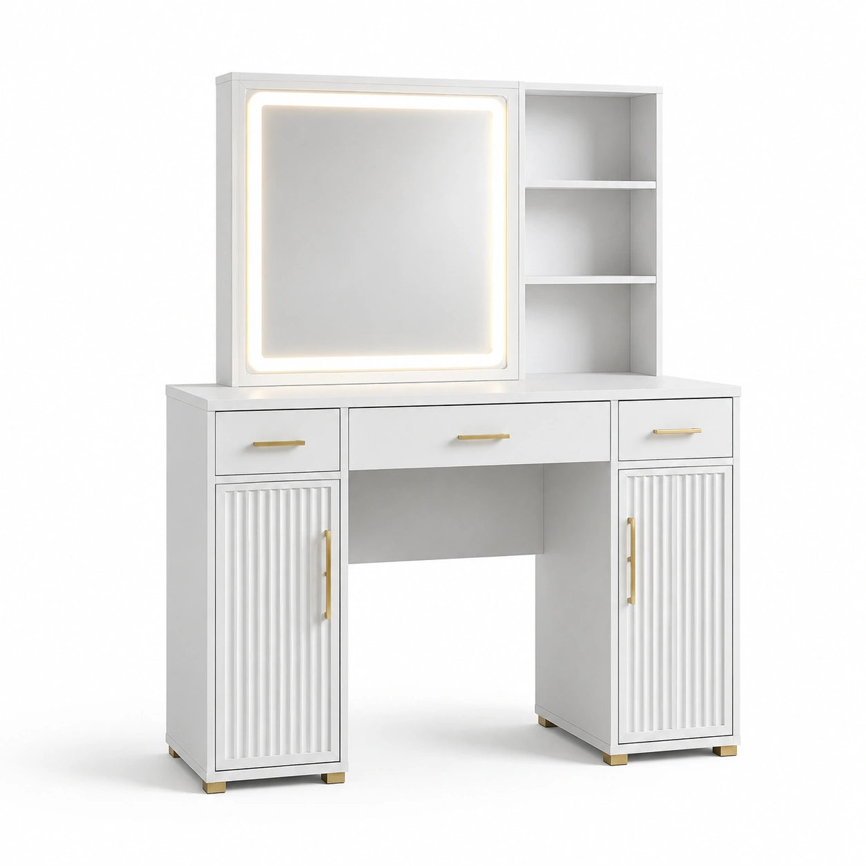 Coiffeuse en Bois Blanc avec Miroir LED et Étagères