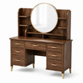 Coiffeuse en bois de noyer avec miroir rond et poignées dorées