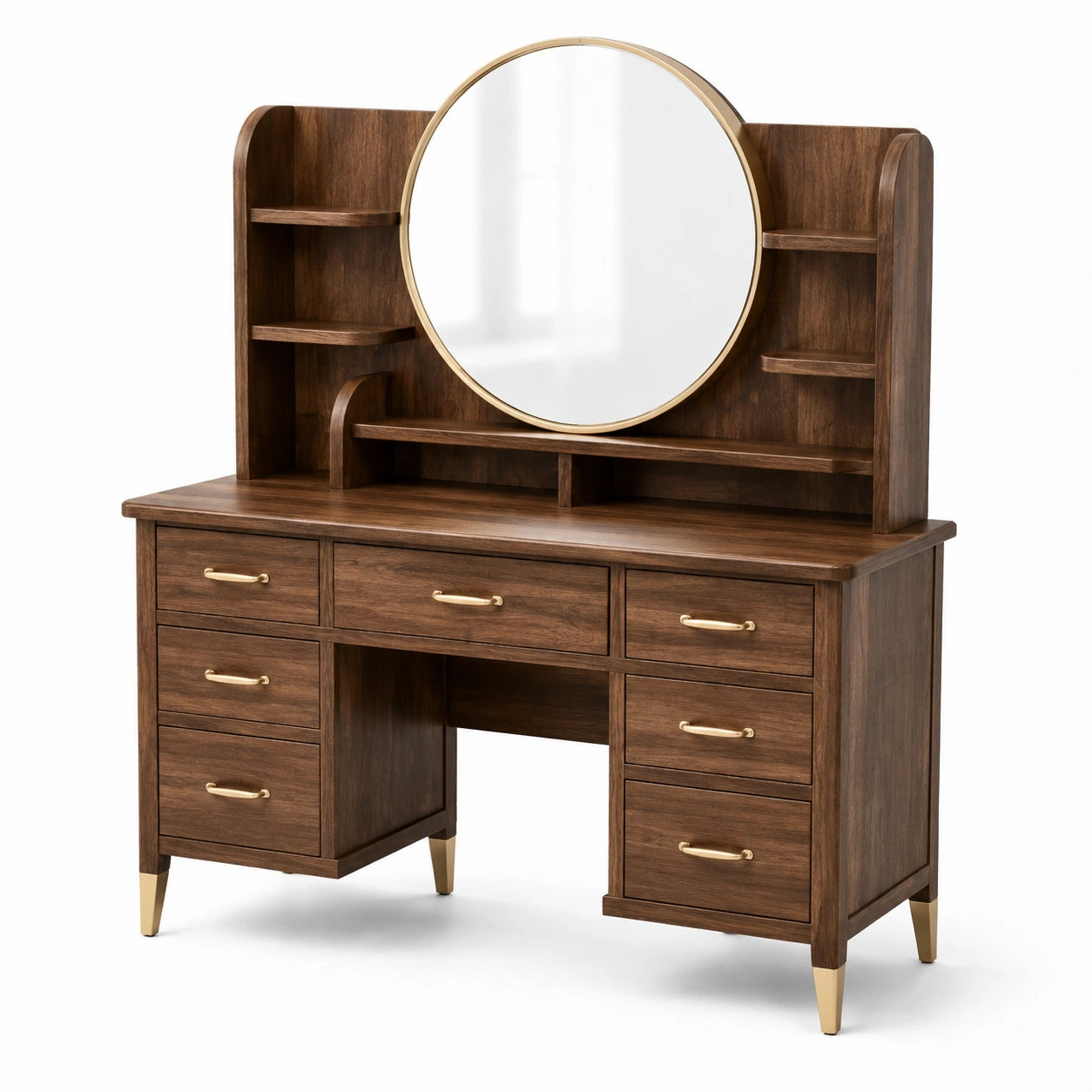 Coiffeuse en bois de noyer avec miroir rond et poignées dorées