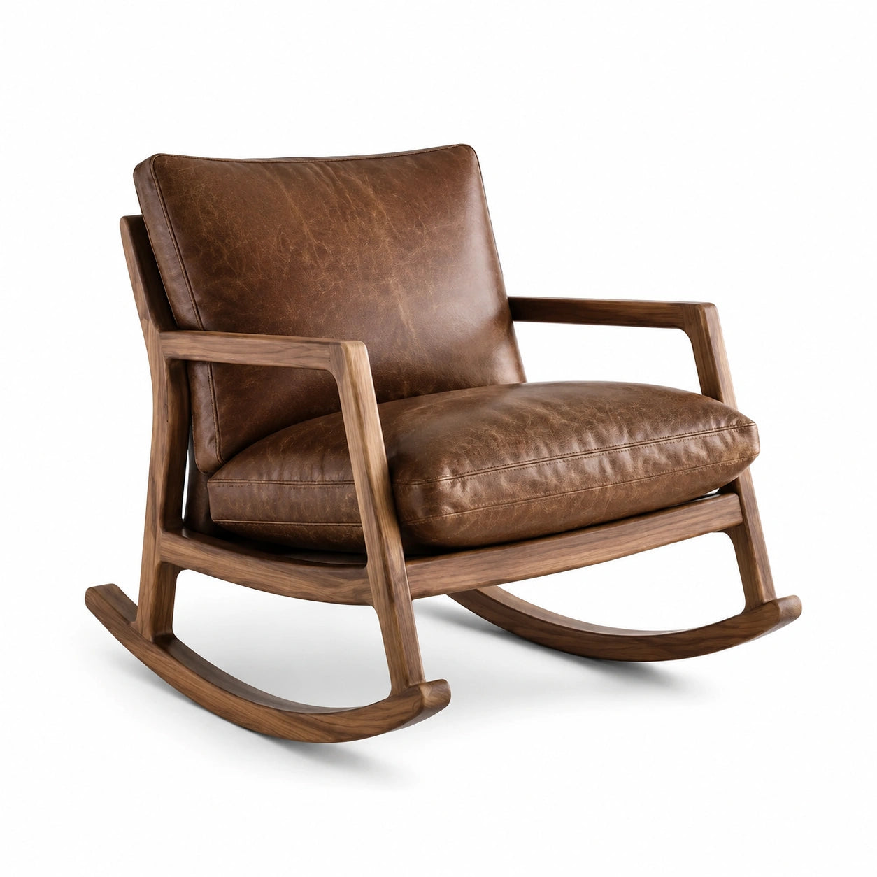Fauteuil à bascule en cuir marron avec cadre en bois