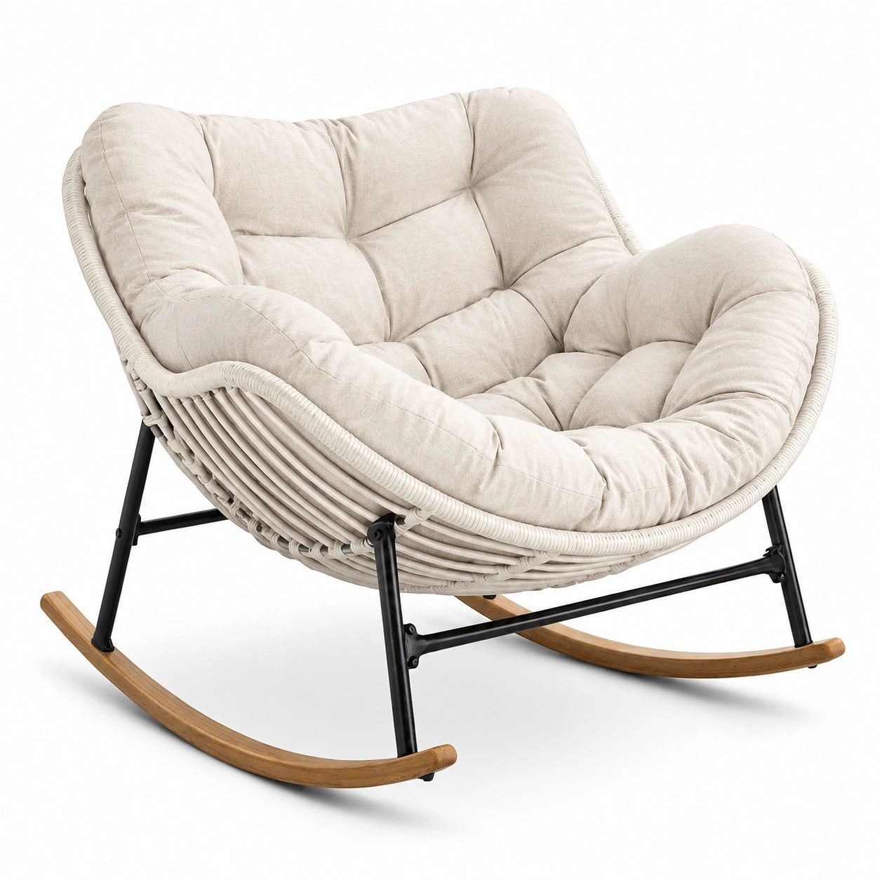 Fauteuil à bascule en rotin et métal avec coussin en lin beige