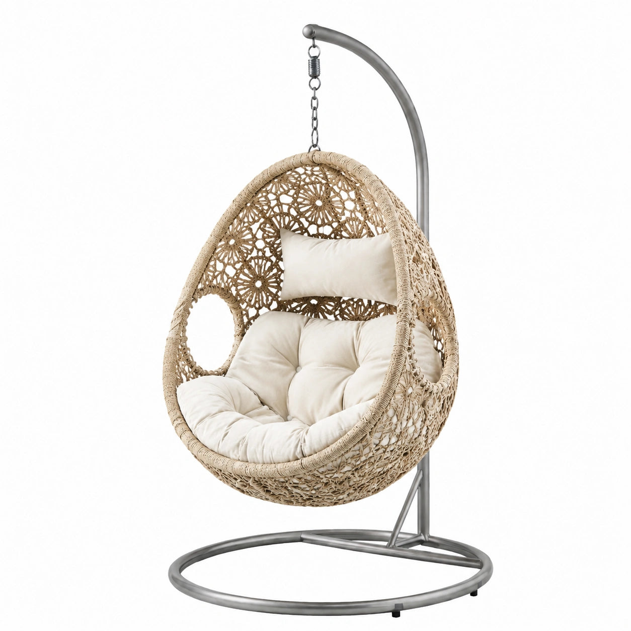 Fauteuil suspendu en rotin avec coussin beige et structure en acier inoxydable