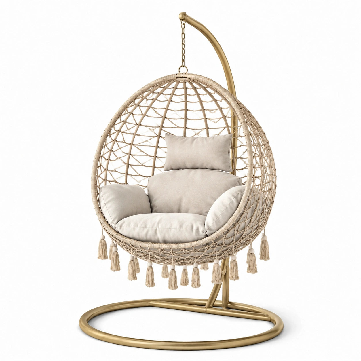Fauteuil suspendu en rotin et acier avec coussins beige
