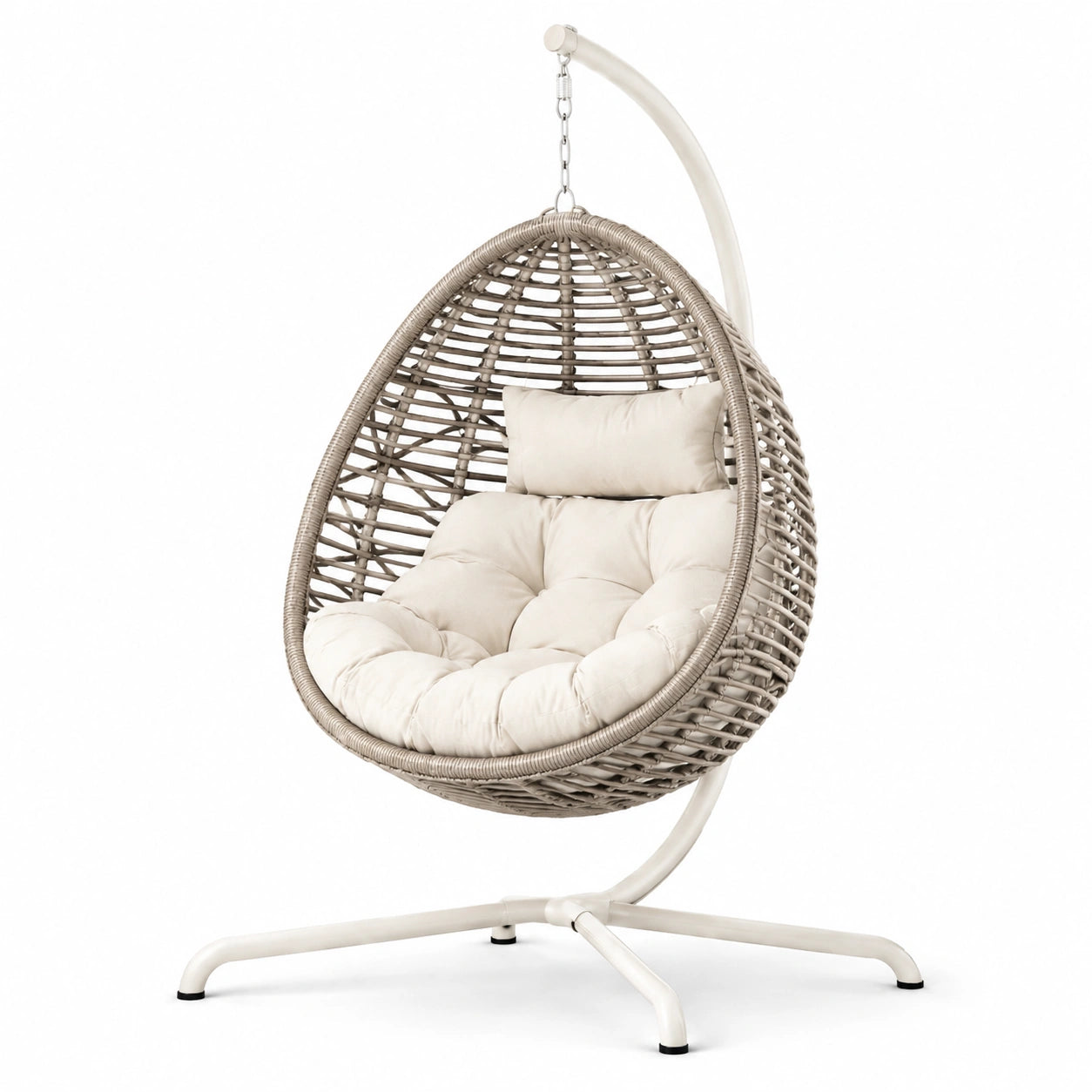 Chaise suspendue en rotin avec coussin polyester beige, structure en acier